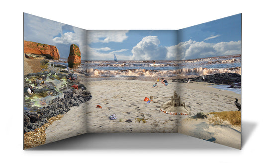 A classroom or nursery scene setter of an inviting sandy beach scene and bay, complete with rockpool and beach creatures for children to find! Great for immersive and imaginative role play. Great for talking about holidays and beach fun and safety by the sea.  The freestanding scene setter can be used inside & outside. Made from lightweight correx which is easy to clean and waterproof. The scene setter folds away easily for storage and folds out simply and quickly for set up.