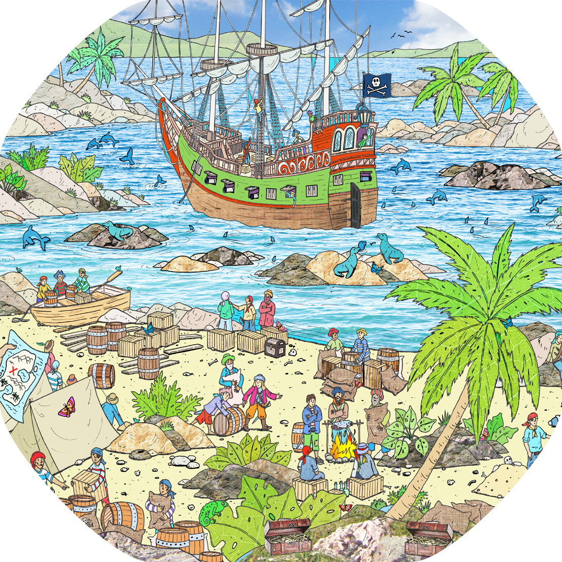 The Pirate Island tuff tray mat features pirates, treasure and sealife in a busy coastal cove Perfect for individual or small group imaginative play. Designed to fit in the Tuff Tray or the Tuff Spot.